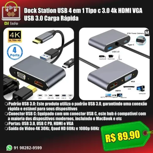 Dock Station USB 4 em 1 Tipo c 3.0 4k HDMI VGA USB 3.0 Carga Rápida