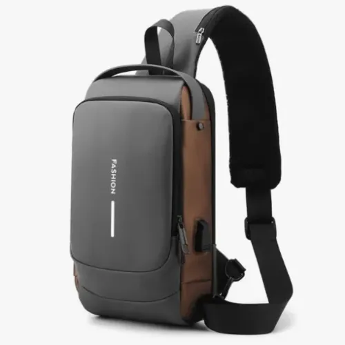 Mochila de Ombro Transversal Cinza Compacta Unilateral USB Trava de Código Á prova d'água