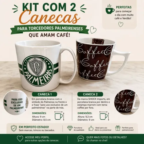 Kit com 2 Canecas para Torcedores do Palmeiras que Amam Café | Frete Grátis