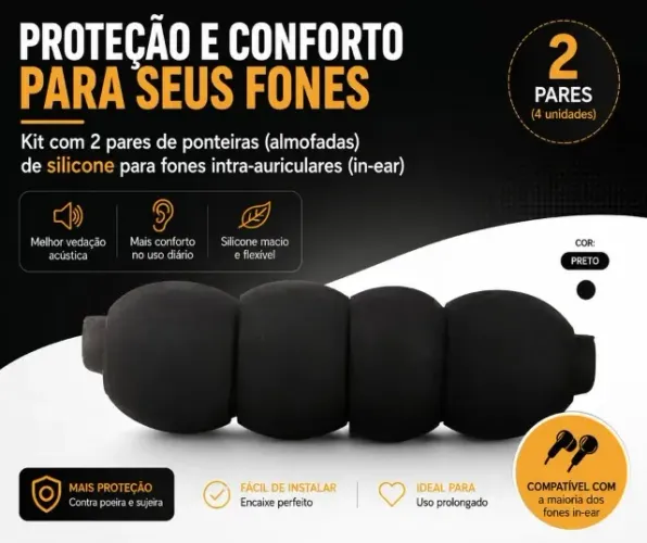 Kit com 2 pares de ponteiras (almofadas) de silicone para fones (intra)auriculares (inear)