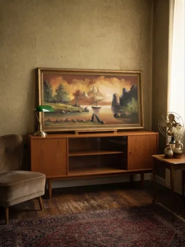 Óleo sobre tela vintage retratando paisagem com navio ao fundo. 165 x 93cm