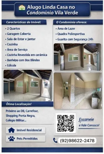 Alugo Linda Casa em Condomínio Fechado - Vila Verde (Próximo ao Shopping Ponta Negra)