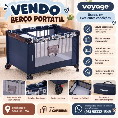 Berço Portátil Funny Voyage com Trocador, Capota e Cercado - Excelente Estado