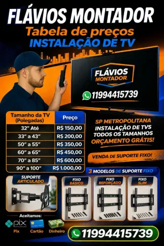 Instalação de Tv todos os tamanhos e modelos venda de suportes fixo