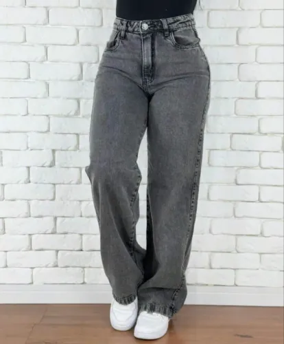 Calça Wide Leg Pantalona Jeans Cintura Alta Feminina