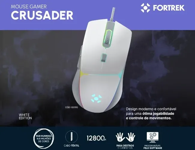 Mouse Gamer Fortrek Crusader 12800dpi Branco *ENTREGA GRÁTIS*