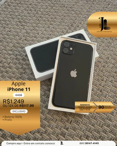 IPHONE 11, 64GB, PRETO, SEMINOVO, BATERIA 100%, EXCLUSIVO!