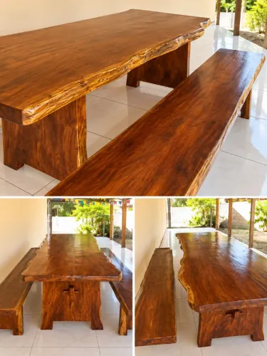 MESA DE MADEIRA RÚSTICA + BANCOS