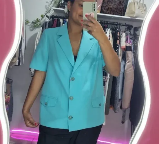 blazer feminino manga curta azul celeste