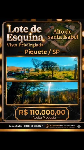 VISTA PRIVILEGIADA E LOTE DE ESQUINA! 259,78 m² ? Alto de Santa Isabel ? Piquete/SP