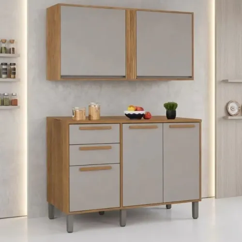 Balcão Flórida cinamomo/Off 3 Portas 2 Gavetas + Aéreo Cozinha Pérola rf87