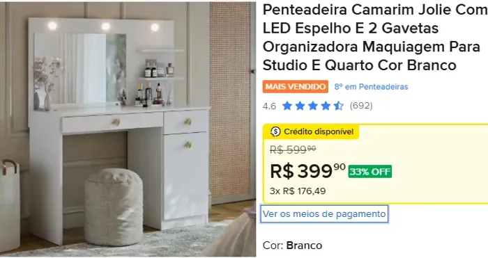 NOVO - Penteadeira Camarim Jolie Com LED Espelho E 2 Gavetas Organizadora Maquiagem