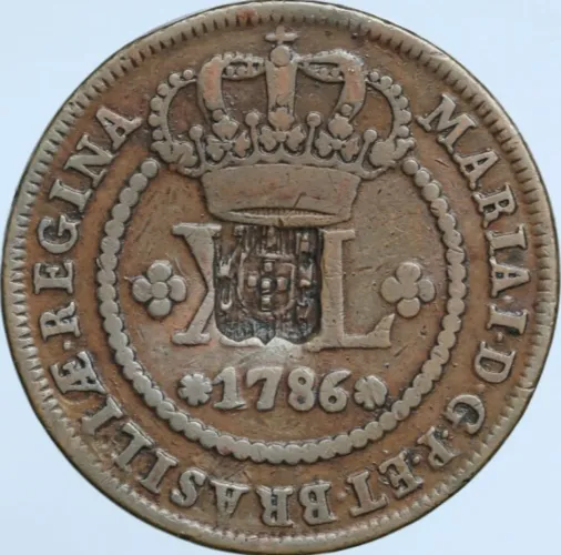 Moeda Colonial Portuguesa 40 Réis (XL) 1786 - D. Maria I - Cobre/Bronze - Peça Antiga