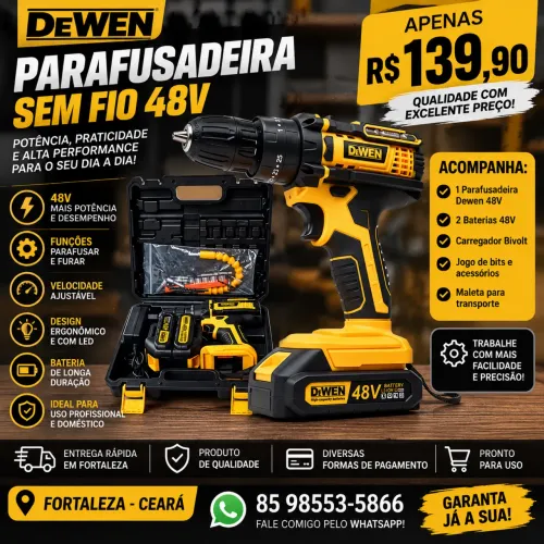 Parafusadeira Dewen 48V Sem Fio com Maleta e Acessórios Nova