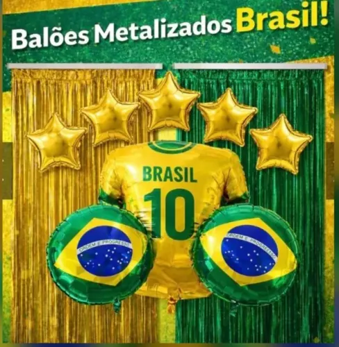 Decoração Copa do Mundo - 2 Cortinas Verde e Dourada + 2 Balões redondo Brasil + 5 ?
