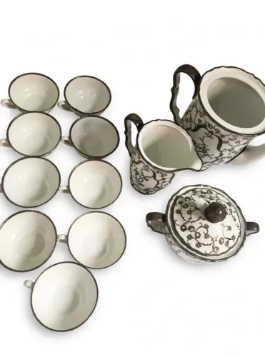 Conjunto Café Porcelana Antiga Alemã EPIAG 1920 - 11 Peças + Açucareiro com Avarias