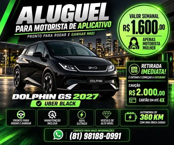 LOCAÇÃO BYD DOLPHIN GS 2027 ELÉTRICO PARA MOTORISTAS (mulheres) DE APLICATIVO