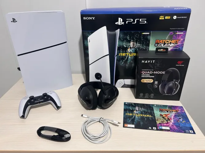 PlayStation 5 Slim Edição Digital + Headset Gamer + 2 Jogos + Caixa