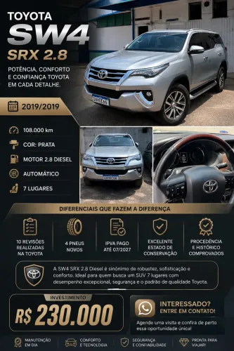 Toyota Hilux SW4 SRX 4X4 2.8 TDI 16V Dies. Aut. 2019