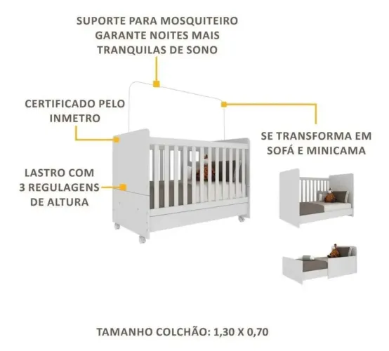 Berço Americano 3 em 1 com Rodízios para Colchão 70 x 130 cm Pimpolho Multimóveis Branco