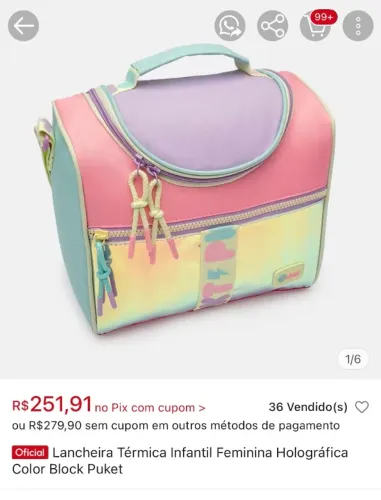 Lancheira Térmica Infantil Feminina Holográfica Color Block Puket