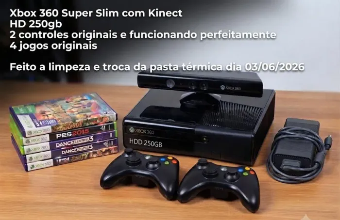 Xbox 360 Super Slim com Kinect 2 controles e 4 jogos originais