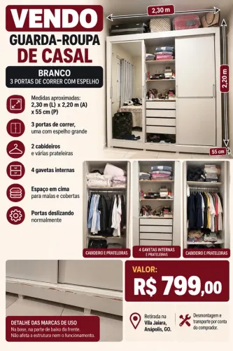 Guarda-roupa casal 3 portas de correr com espelho, branco