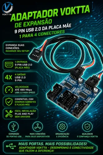 Adaptador Voktta de Expansão 9 Pin USB 2.0 da Placa Mãe 1 Para 4 Conectores (Novo/Lacrado)