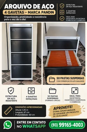 Armário Arquivo Aço Pandin 4 Gavetas Cinza/preto