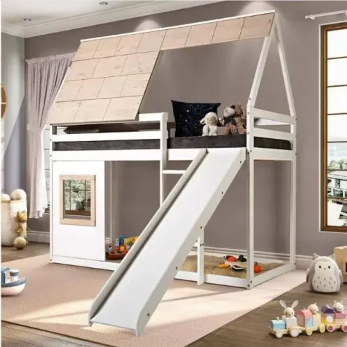 Cama alta cabana com escorregador, madeira maciça