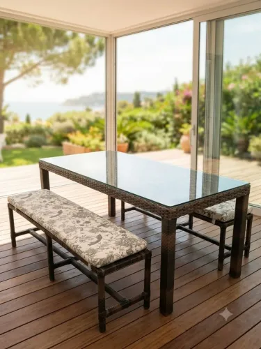Mesa de Fibra Sintética 2m com Tampo de Vidro + 2 Bancos | Área Gourmet