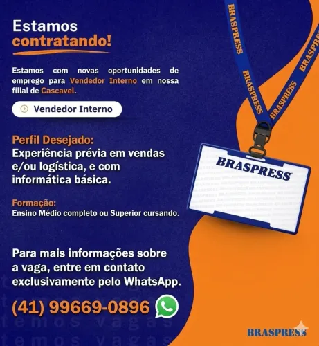 Vaga de emprego - Vendedor Interno.