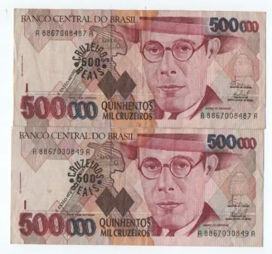 2 Cédulas Antigas 500.000 Cruzeiros - Mário de Andrade - 1993