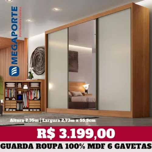 Guarda Roupa Casal 100% MDF 3 Portas com Espelho (Novo) Entrega Grátis! 