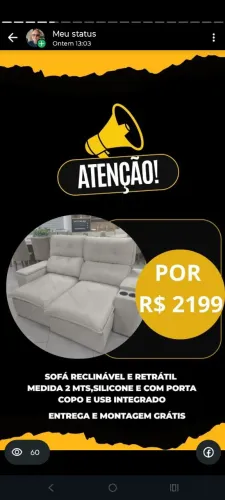 Sofá retrátil e reclinável 2.mts