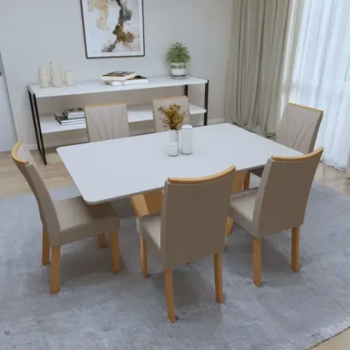 Mesa de Jantar 6 Cadeiras Com Tampo 1,70m na cor Branca Perolado