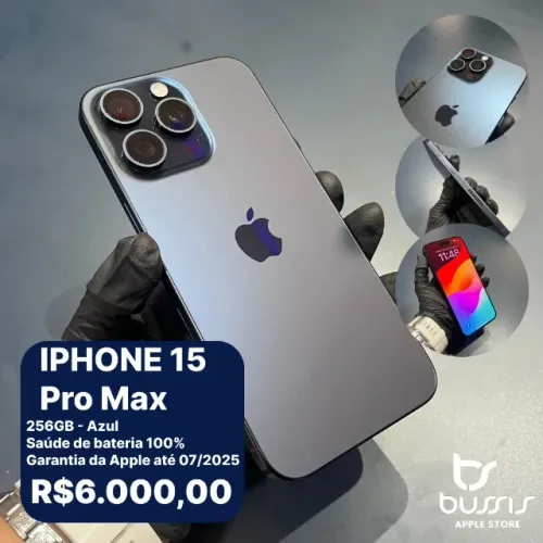 IPhone 15 Pro Max Na cor Azul 256Gb Saude de bateria 100% |Garantia Apple ate 07/25 | Loja