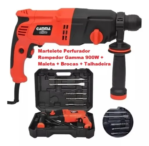 Martelete Rotativo Perfurador Gamma 900W SDS Plus com Maleta Brocas Talhadeira (Promoção)