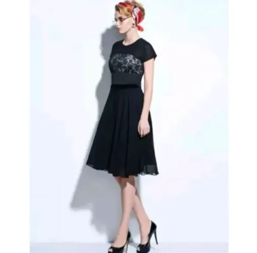 Vestido midi preto retrô chiffon novo