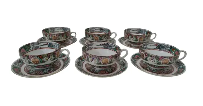 Jogo 6 Xícaras Porcelana Chinesa Mandarim Brasão Casca De Ovo