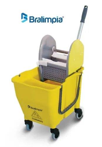 Balde Doblo 30 Amarelo Bralimpia Com Rodas e Espremedor Conjunto Profissional - Promoção