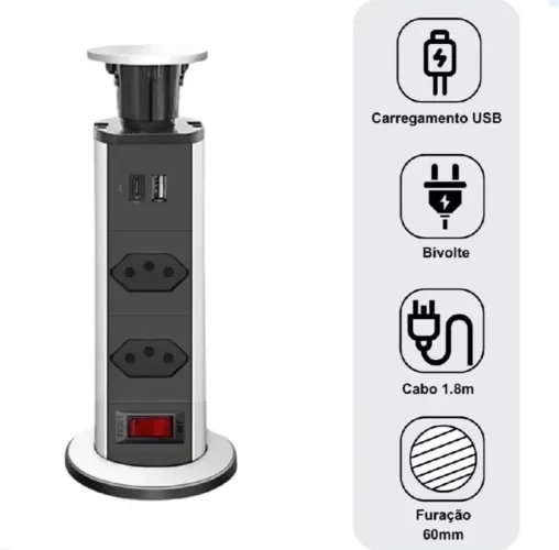 Tomada Pop-Up de Embutir com USB e Tomadas Bivolt