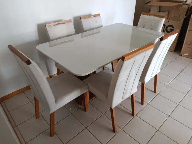 Mesa de Jantar 6 Cadeiras - Tampo de Vidro veludo New 
