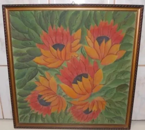 Quadro Pintura Óleo Sobre Tela Flores Vermelhas