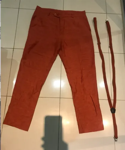 calca linho terracota e suspensorio terracota nova impecavel alfaiataria de luxo