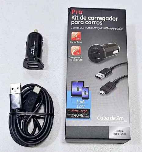 Kit Carregador para Carro Pro - 2 Portas USB + Cabo USB-C