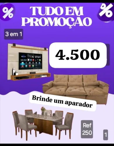 Mesa Tampo de Vidro 6 Cadeiras + Painel Tv + Sofá Retrátil 3 Módulos E de Brinde Aparador