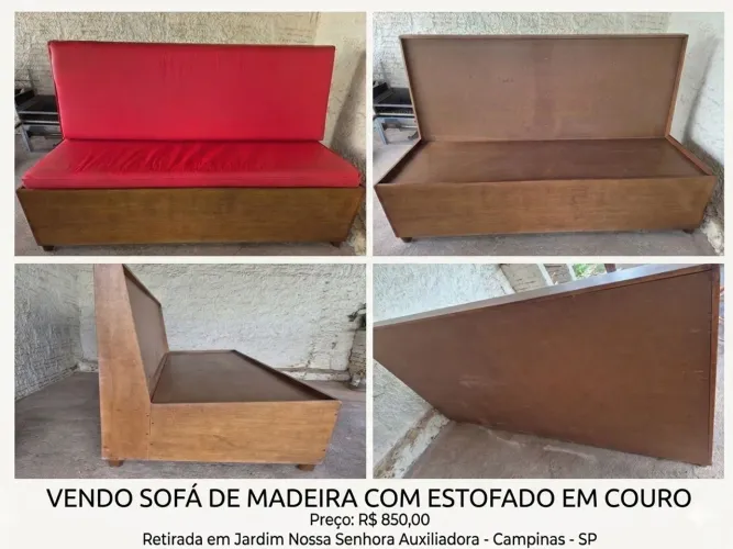 VENDO SOFÁ DE MADEIRA COM ESTOFADO EM COURO VERMELHO