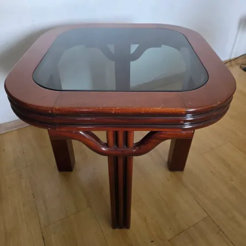 Mesa Lateral Vintage Art Déco com Tampo de Vidro fumê em madeira