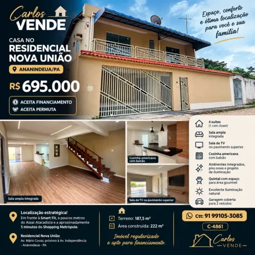 Casa para venda tem 222m² com 4 suítes em Coqueiro - Ananindeua - PA
